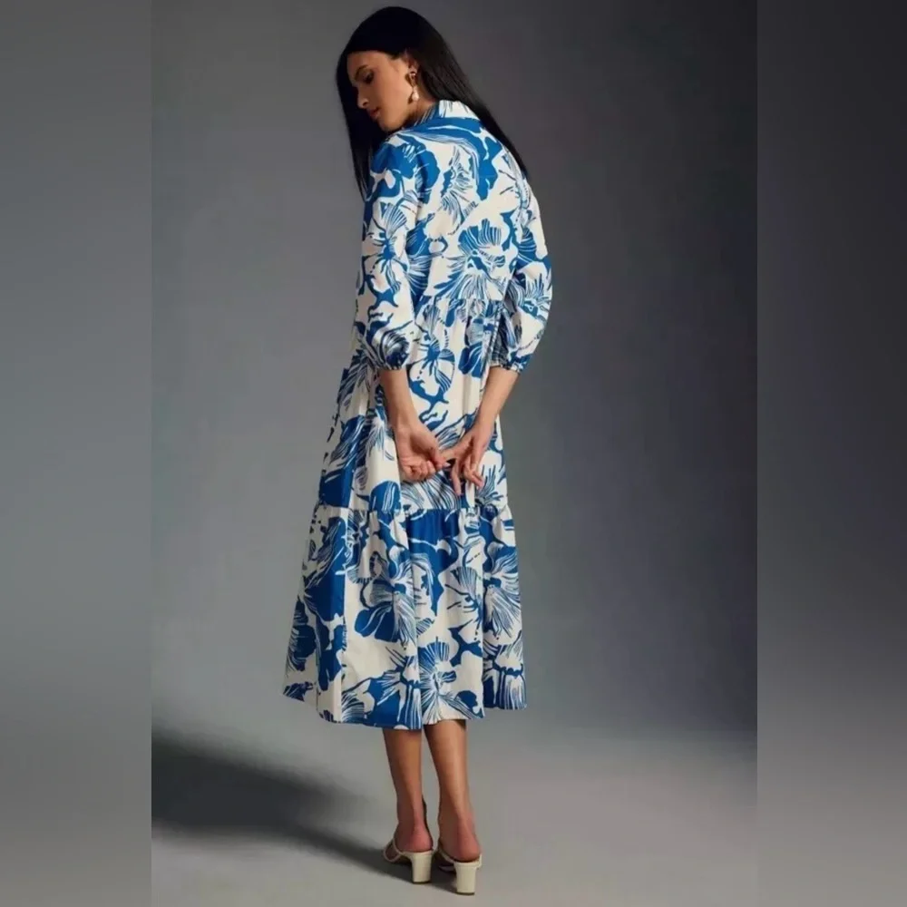 MAEVE by ANTHROPOLOGIE Bettina Blue Floral Tiered Maxi Dress Small S NWOT - Picture 4 of 8